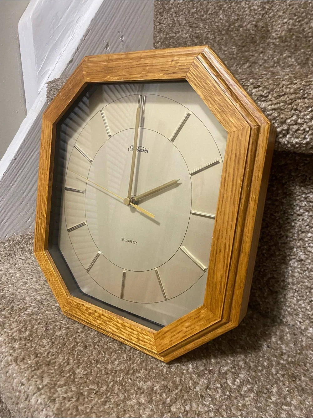 Vintage Sunbeam Quartz Wall Clock - Octagon Wood Frame Model 882-627 MCM Retro